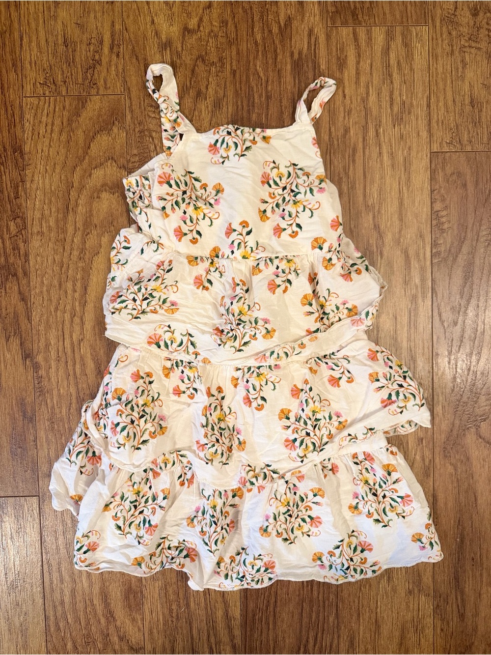 Old Navy Cream Floral Tiered Dress with Orange and Green Accents